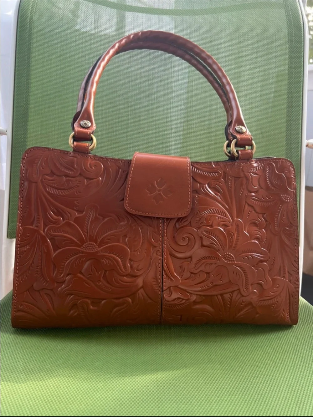 Patricia Nash Embossed Floral Satchel in Cognac